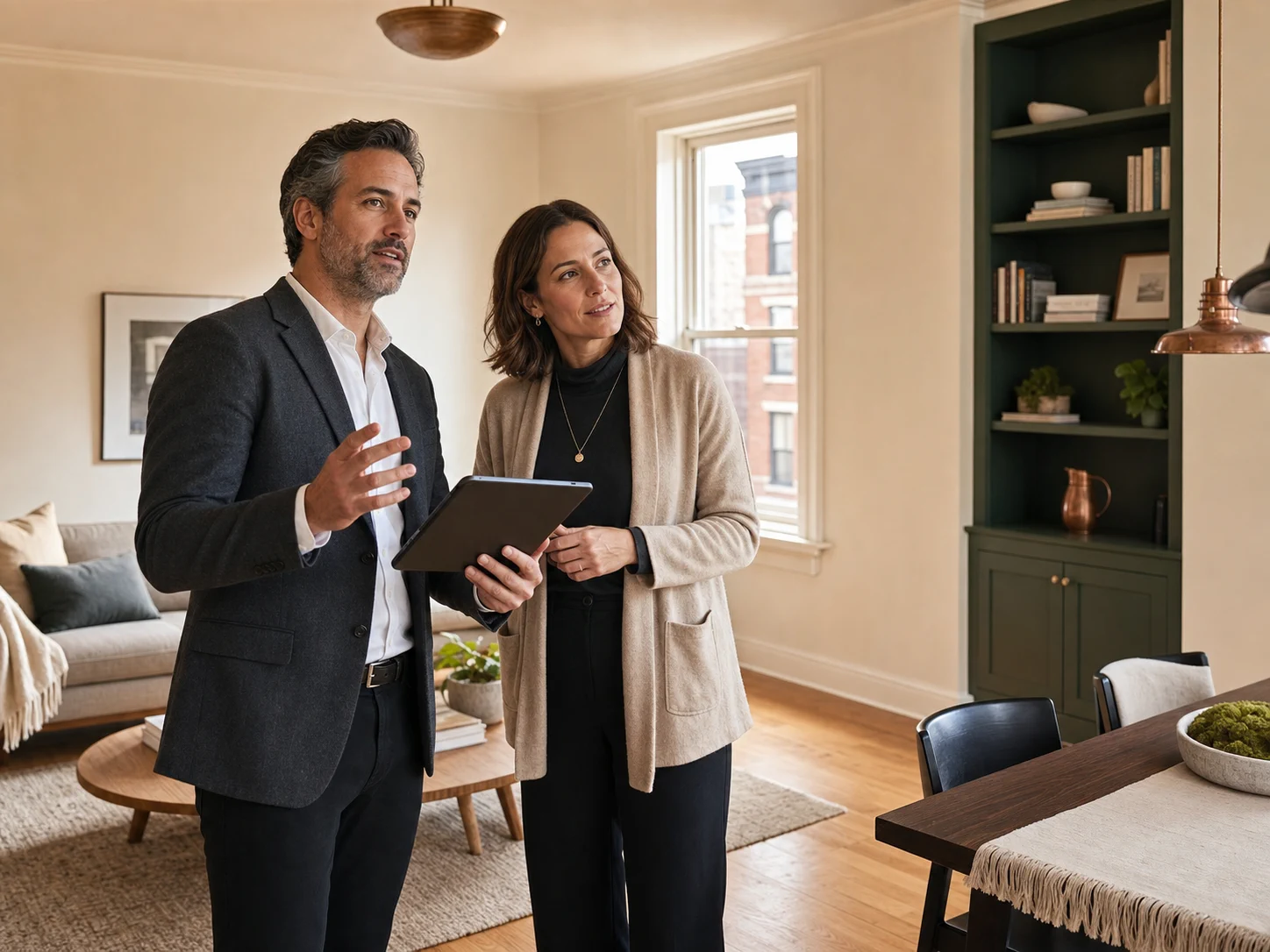 AI-generated illustrative scene of a licensed broker and property-preparation coordinator reviewing a presented apartment