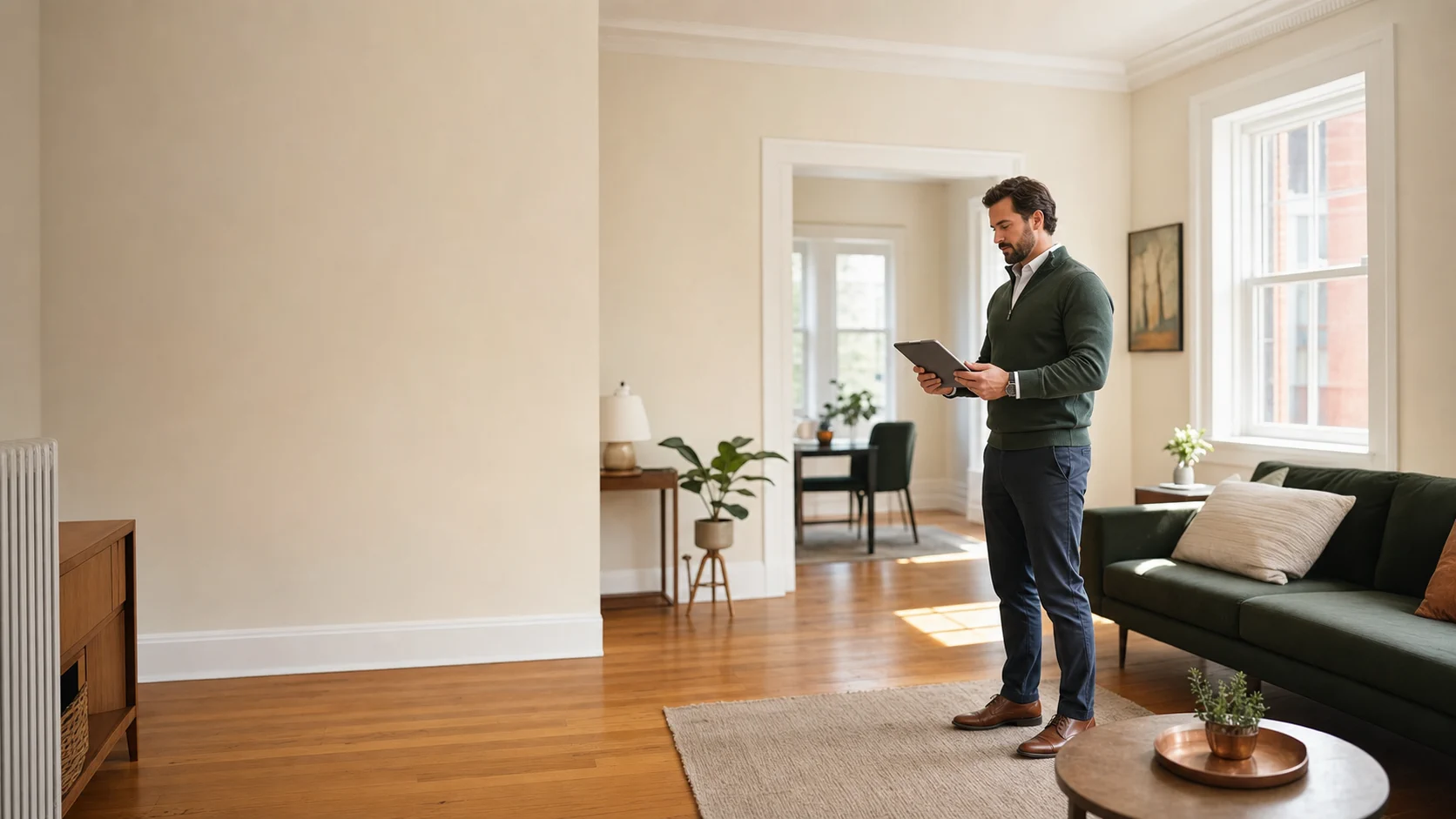 Illustrative property-care professional reviewing a well-presented apartment