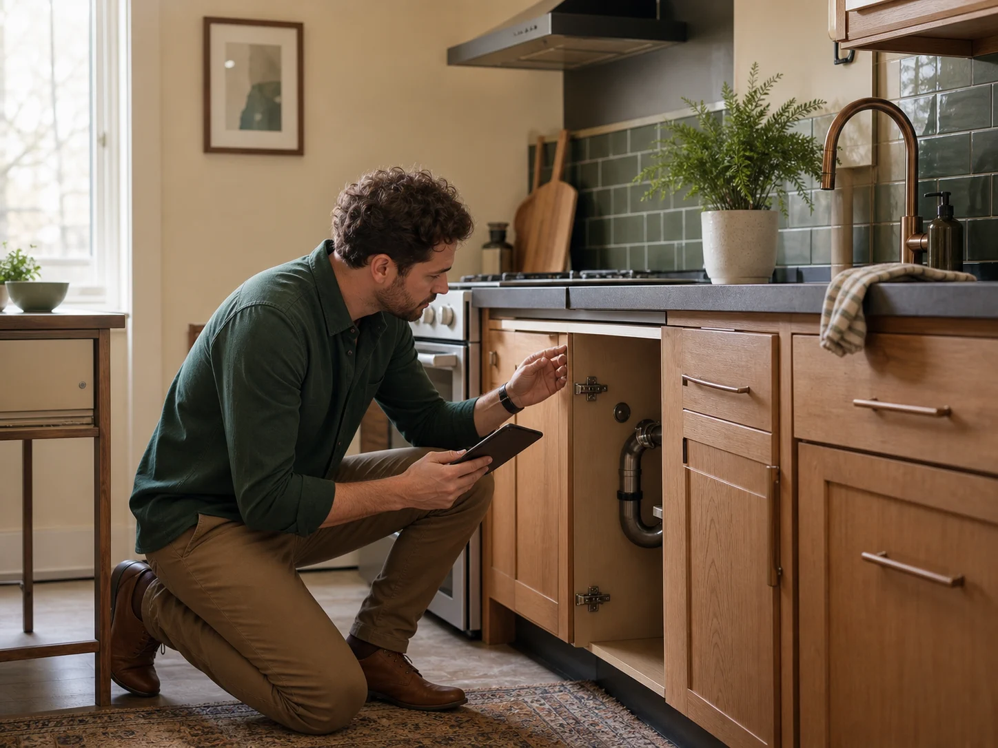 Illustrative property-care professional documenting a minor kitchen maintenance item