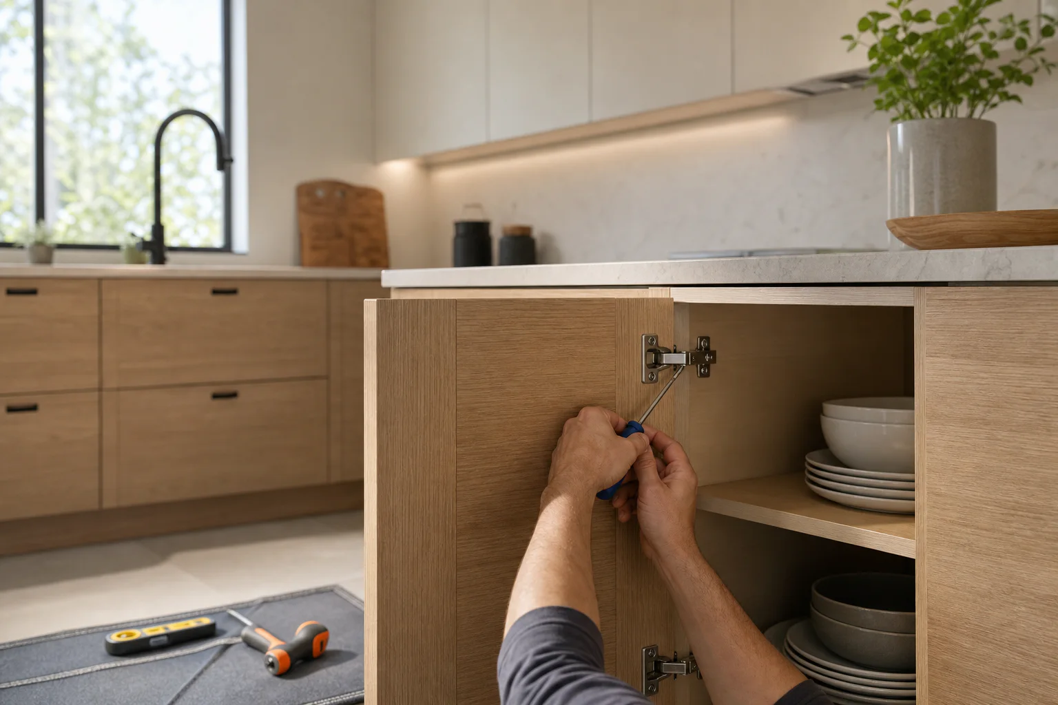 Concept image of a cabinet hinge being adjusted during installation