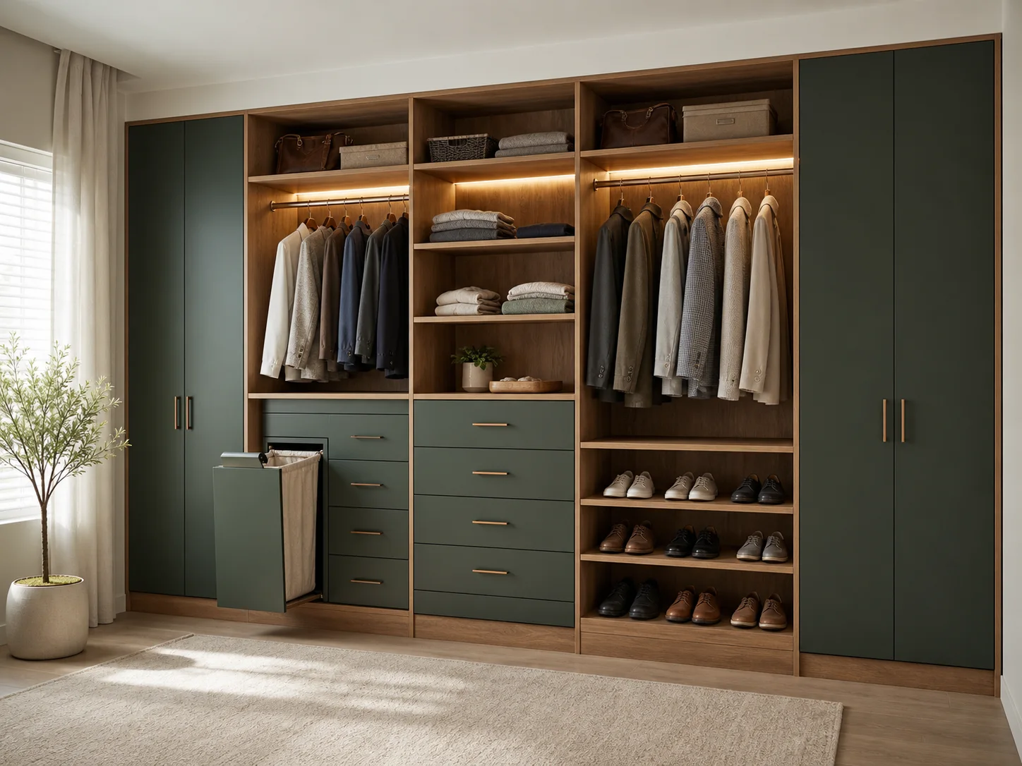 Illustrative made-to-order Royal Line closet with cabinetry, drawers, shelves and optional lighting