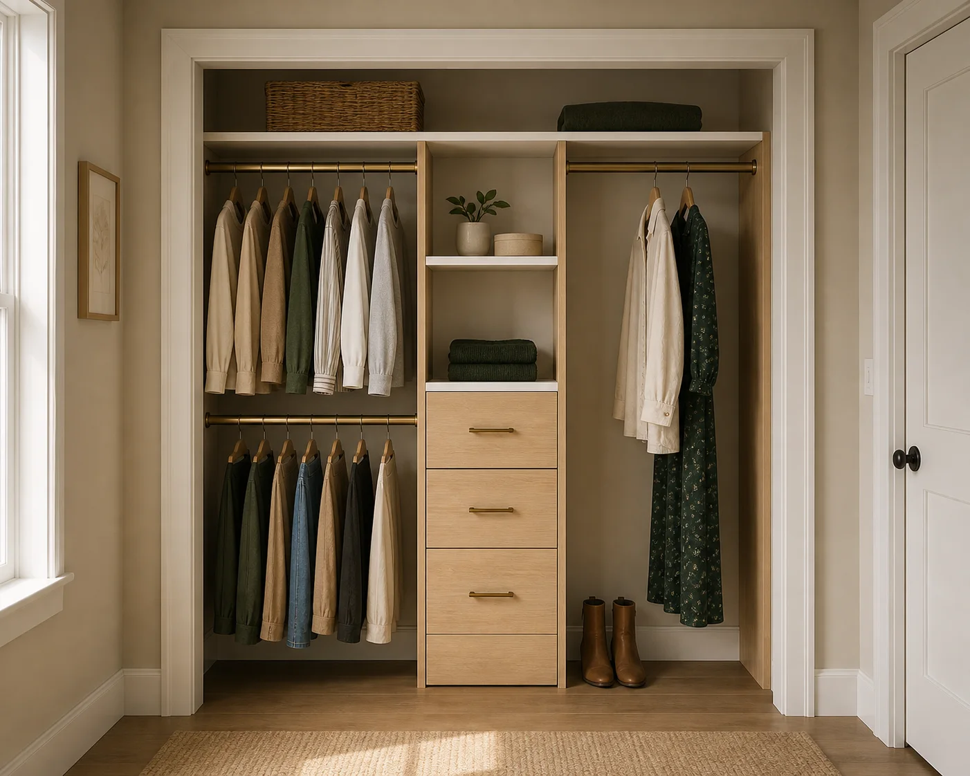 Illustrative premium reach-in closet system installation concept