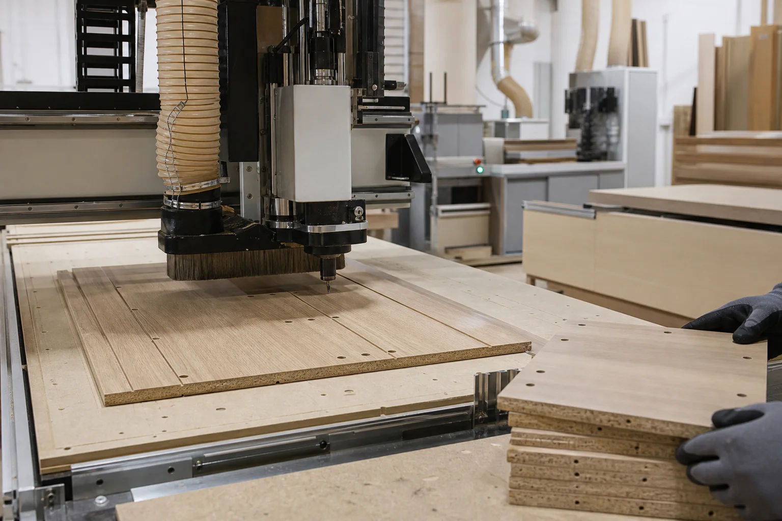 Illustrative view of precision-cut cabinet components in a supplier workshop