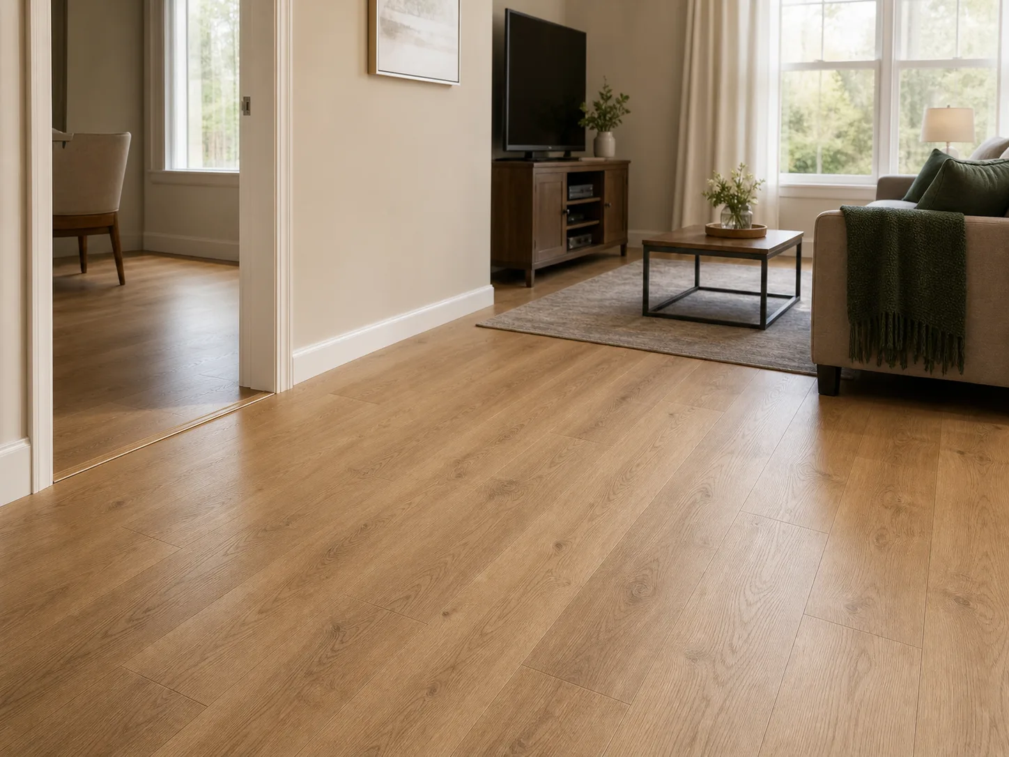 Illustrative click-lock flooring installation concept with finished transitions