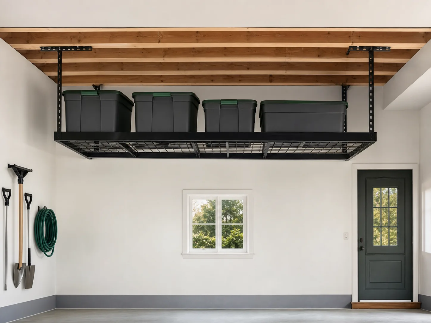 Illustrative overhead garage storage rack installation concept
