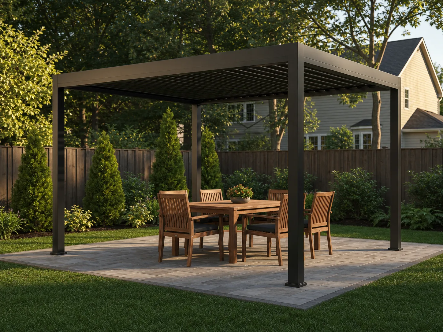 Illustrative freestanding prefab pergola on a prepared patio