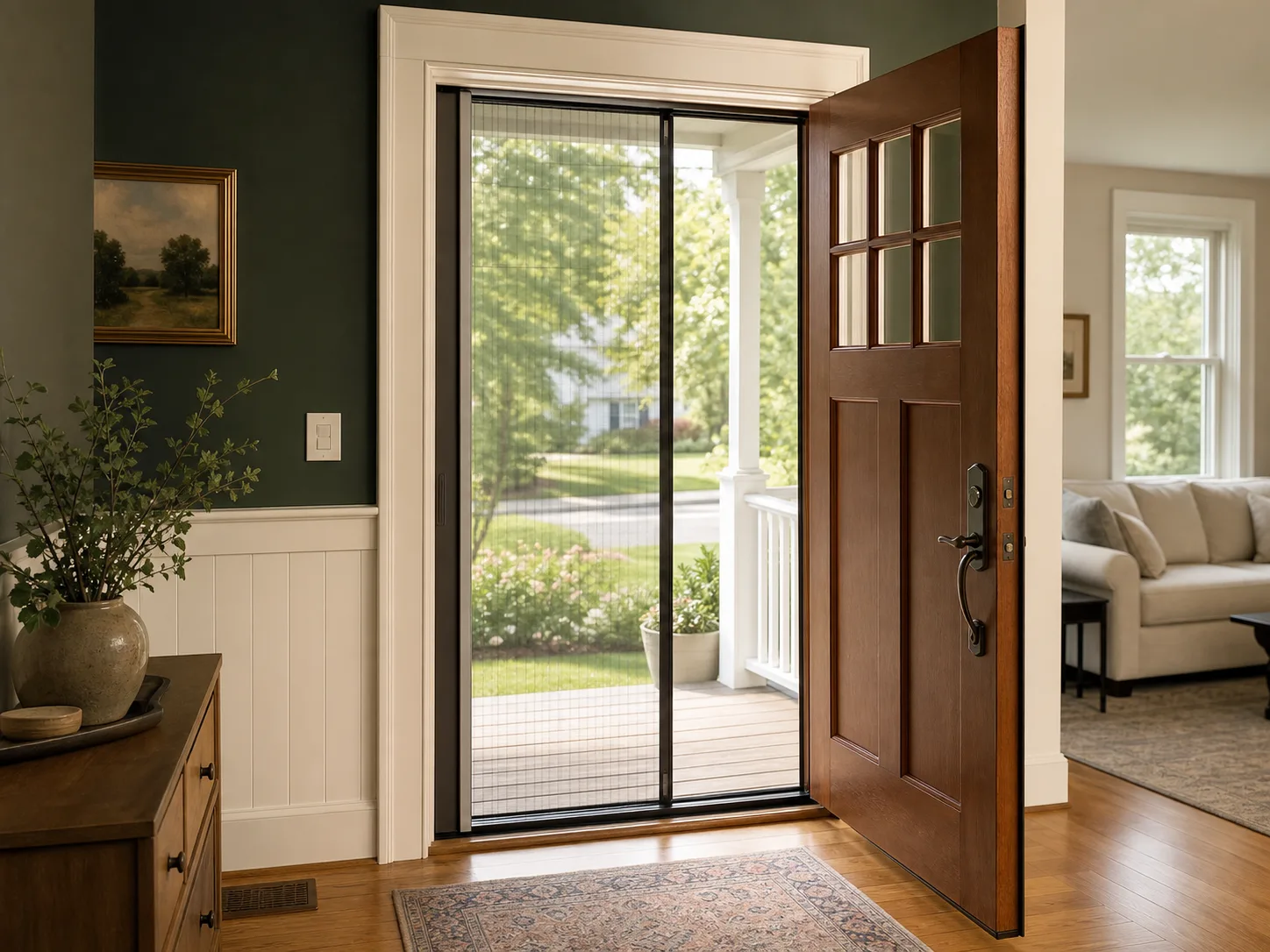 Illustrative retractable screen installation on a standard single exterior door