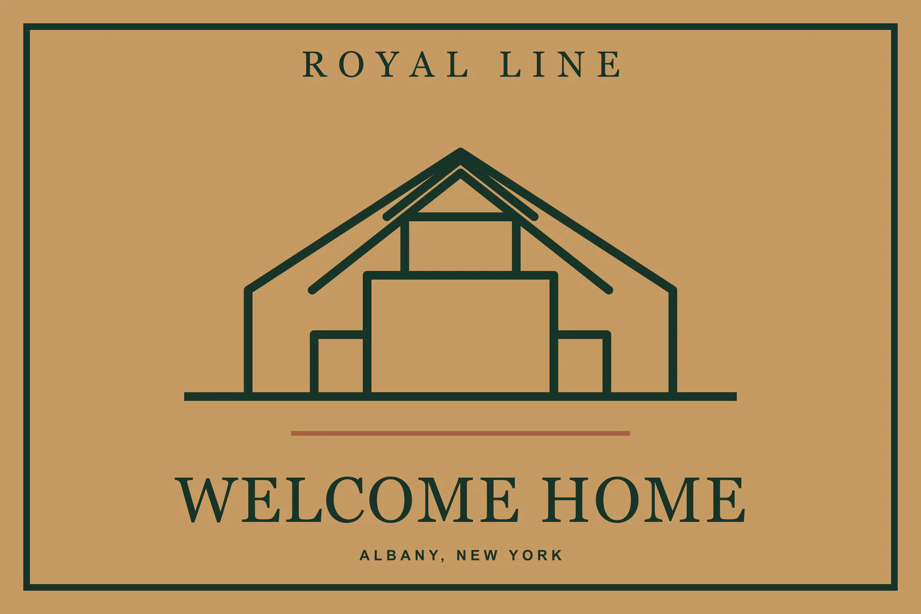 Royal Line Welcome Home doormat print artwork in forest green and warm coir tones