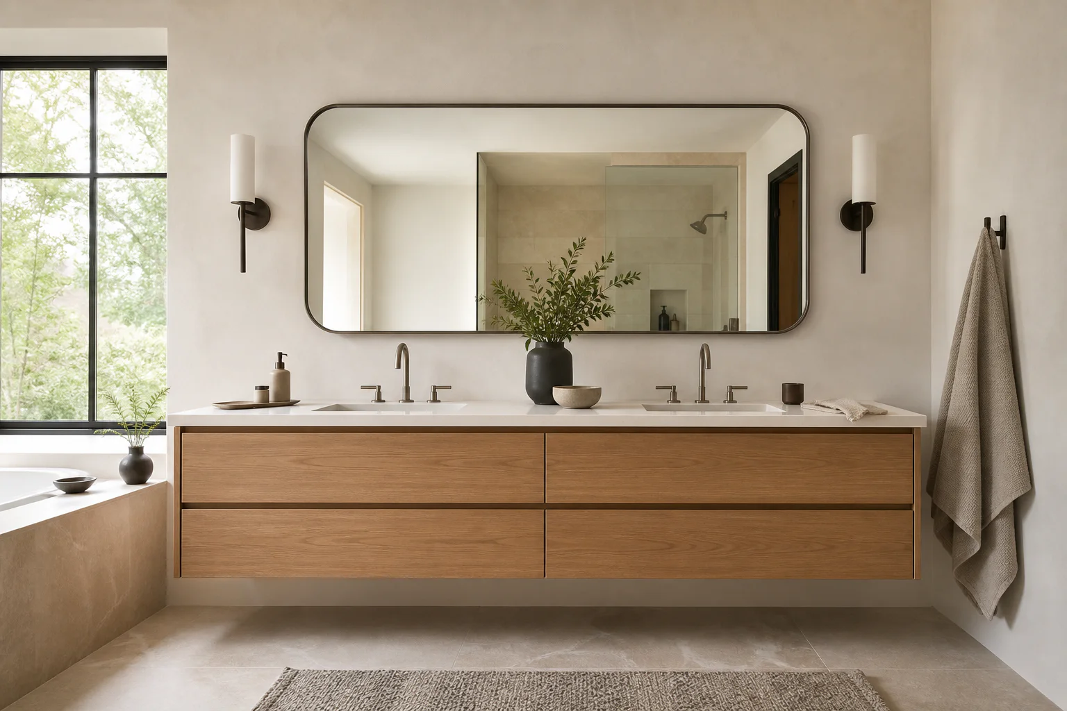 Concept visualization of a warm oak double bathroom vanity