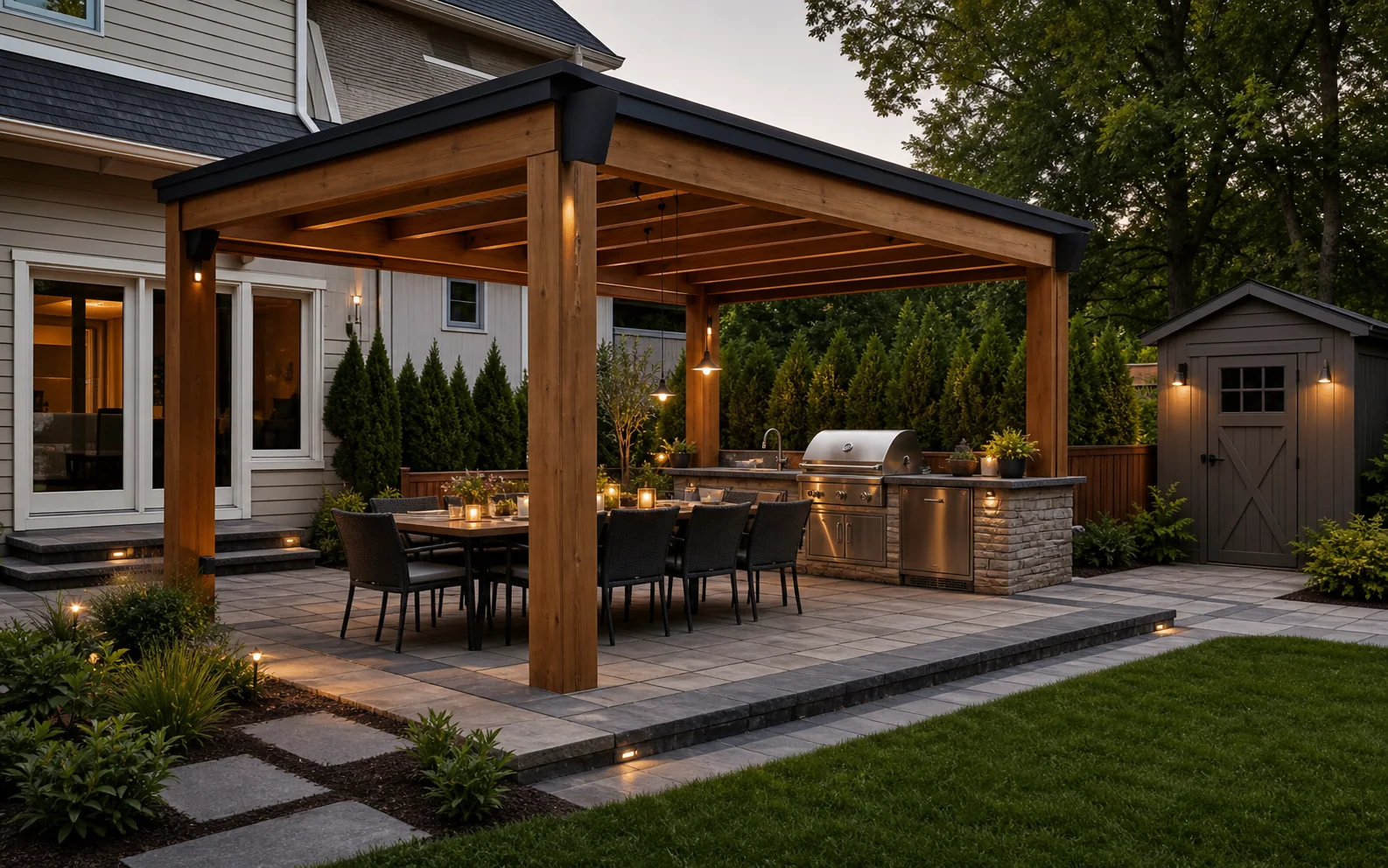 Illustrative backyard renovation concept with pergola, patio, outdoor kitchen and compact storage shed