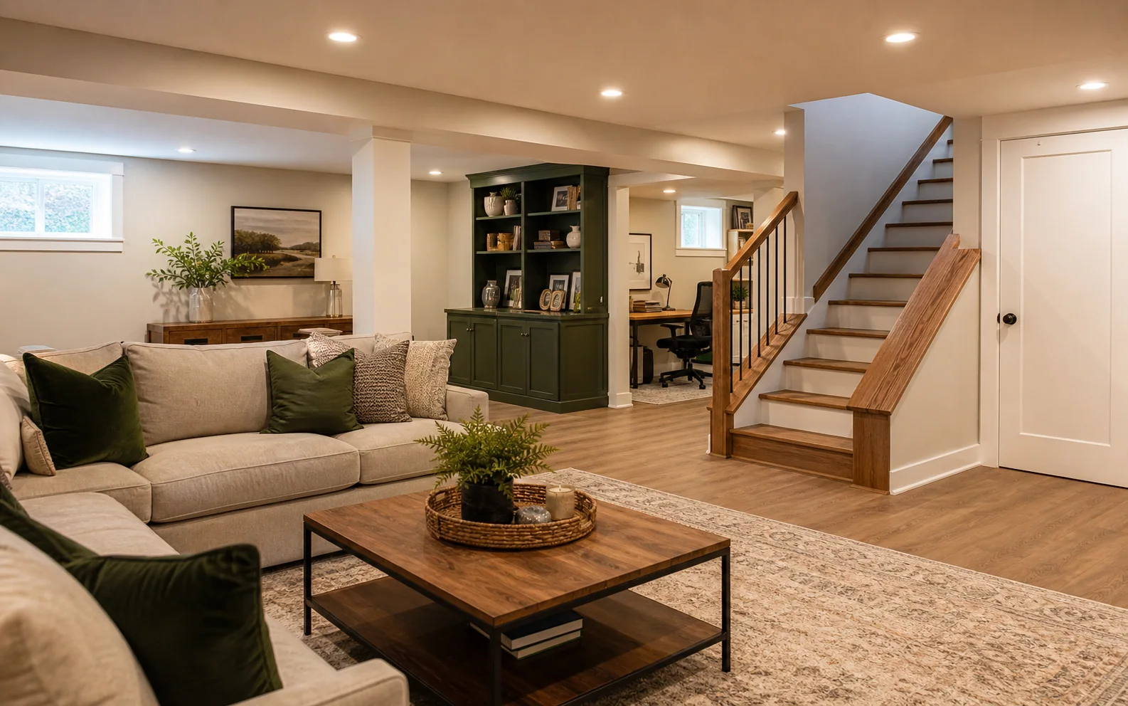 Illustrative finished basement concept with lounge, office, built-in storage and warm oak details
