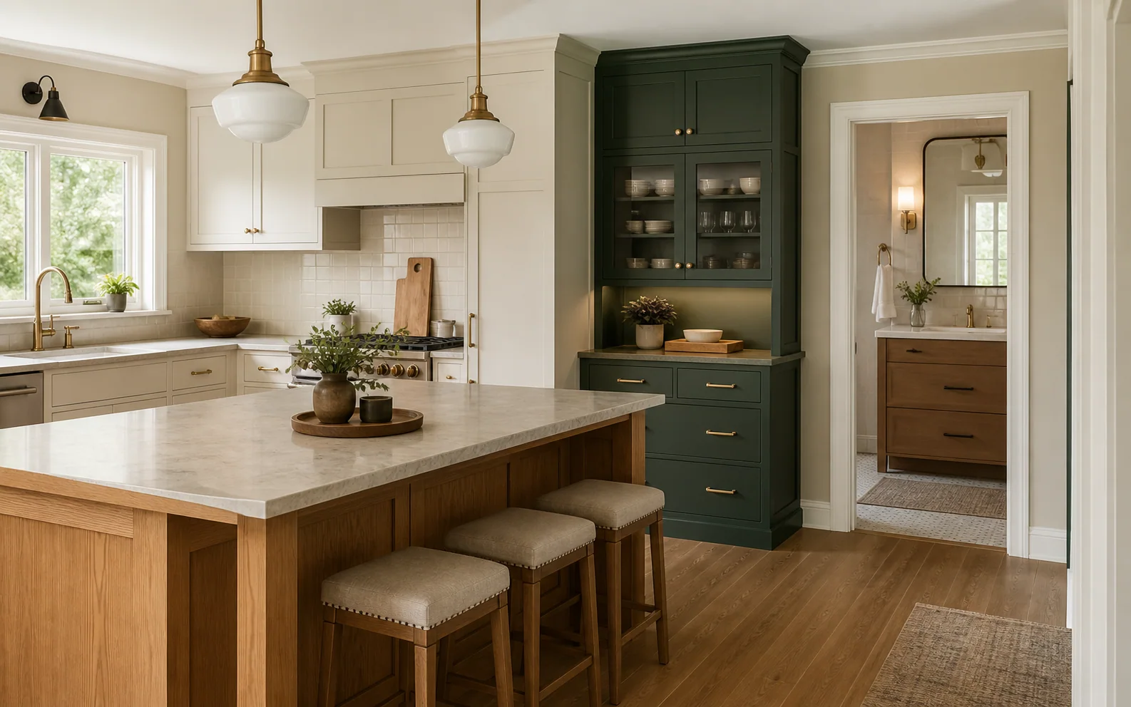 Illustrative coordinated kitchen and bathroom remodeling concept in a warm forest, oak and neutral palette