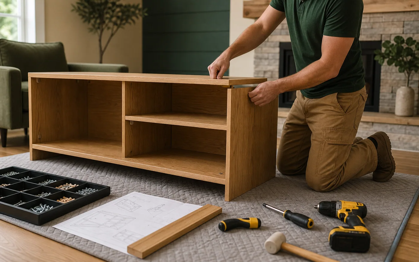 Illustrative furniture assembly visit with an organized protected work area