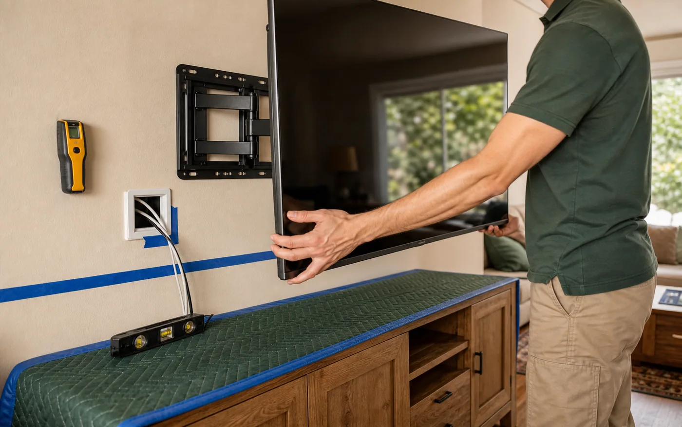 Illustrative standard TV mounting preparation with wall mount, level and protected console