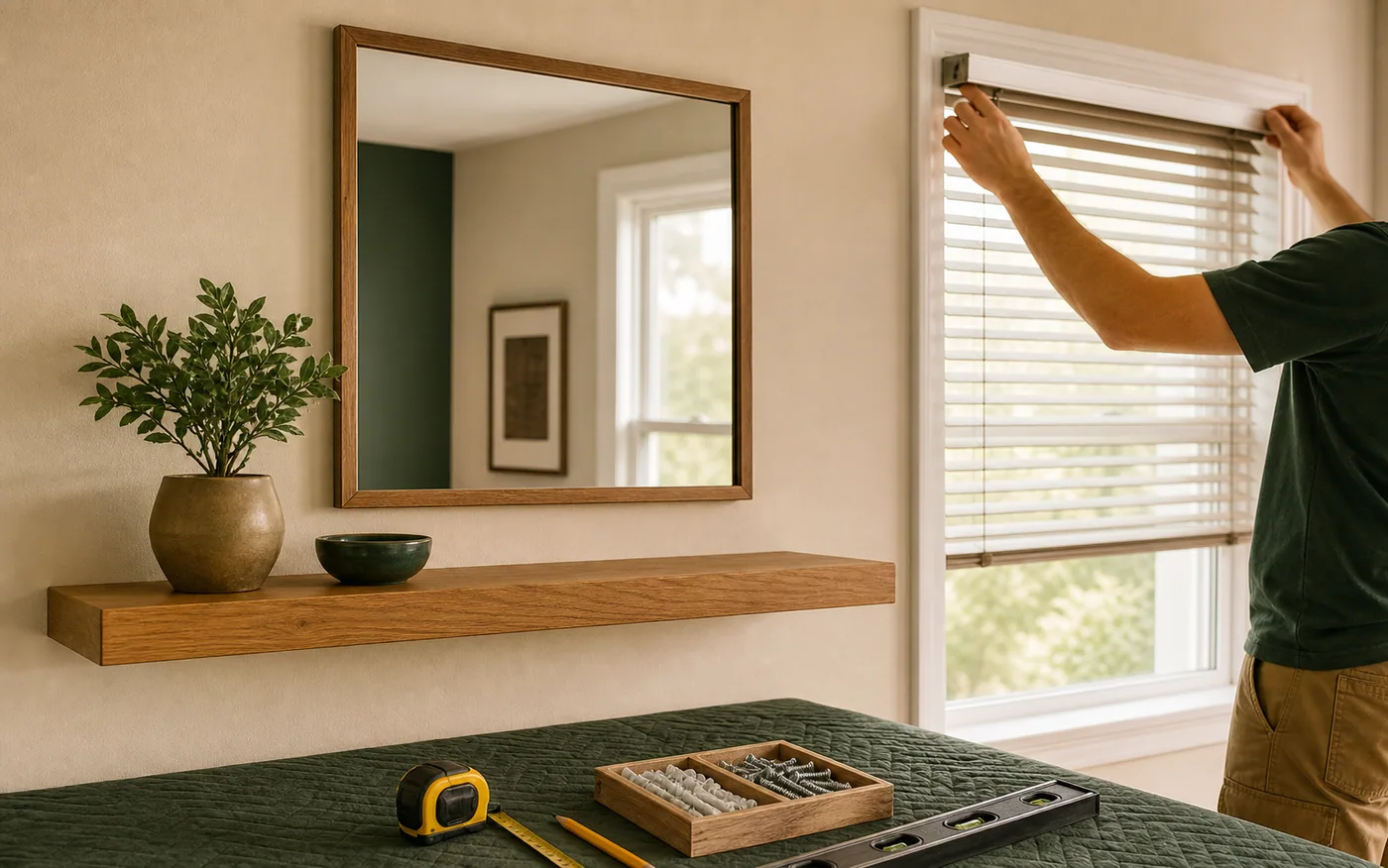 Illustrative shelf, mirror and window-blind installation visit