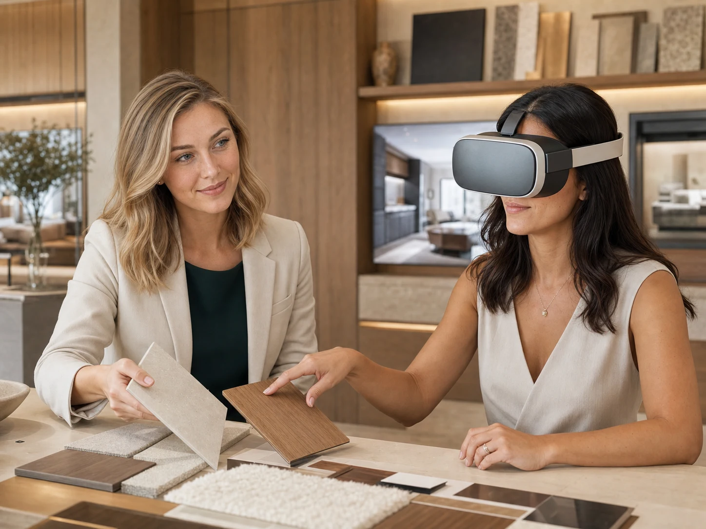 AI-generated illustrative scene of a guided VR renovation and finish-selection consultation