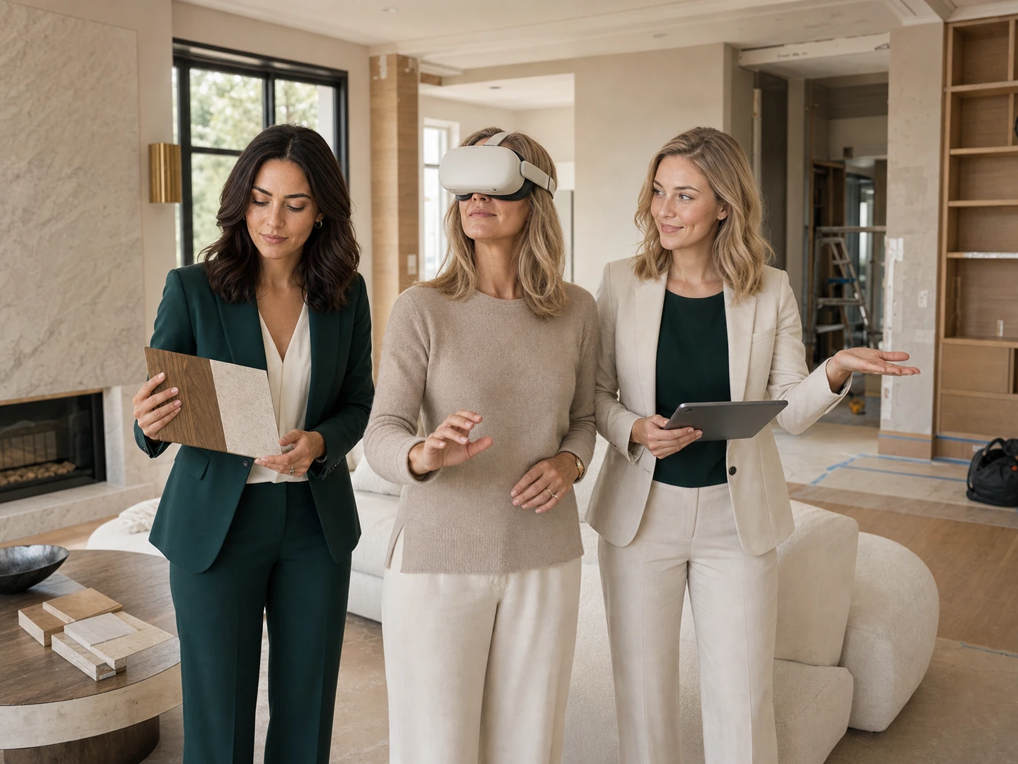 AI-generated illustrative scene of a guided VR renovation and finish-selection consultation